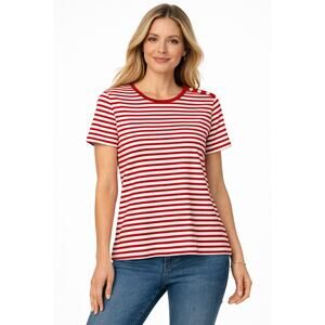 Talbots Red White Striped Tee Short Sleeve Womens Large Button Shoulder Top